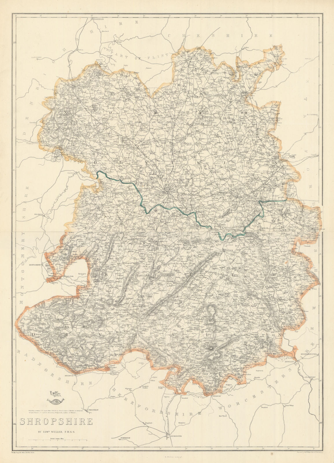 SHROPSHIRE Large county map. Railways Wenlock Edge Stiperstones.WELLER 1863